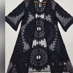 Rachel Zoe NY Black Lace Boho Mandala Boho Kimono Layering Duster Top One-Size